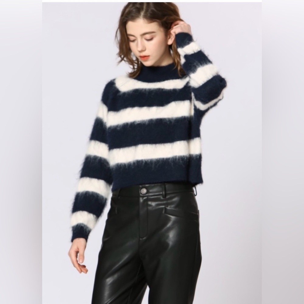NEW Eye Lash Knit, Blue & White Striped Women's Cropped Sweater